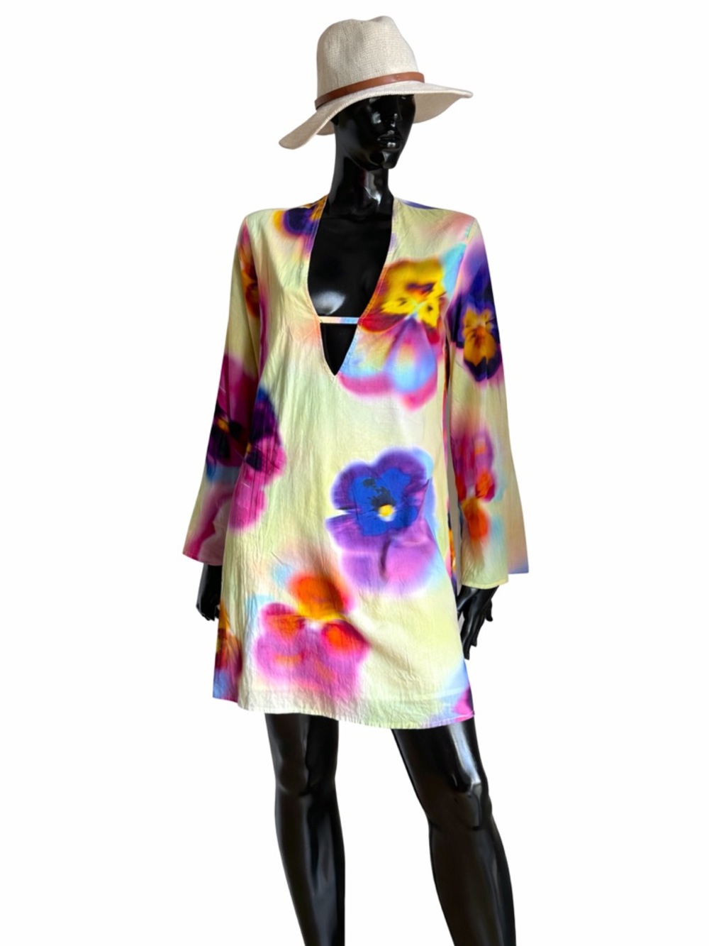 Floral V-Neck Swim Cover-Up Tunic in Multi-Color